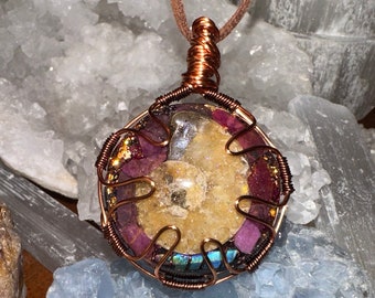 WireWrapped Orgone Necklace with Ammonite, Raw Ruby, Angel Aura Quartz, Spiritual Starseed Jewelry,Water Connnection,528 Hz frequency