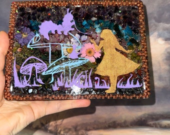 Alice in Wonderland Orgonite Tray with Crystals and Botanicals, Reiki Infused Orgone, Meditation Home Decor,EMF 5G Protection,Starseed Art