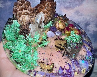 Artist Statement Shri Yantra Orgone Altar Decor, Reiki Infused, Nature Connection