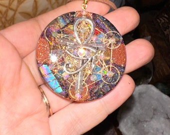 Ankh and Eye Of Horus Metatron's CubeTransformation Orgone Necklace,4 Aura Quartz, Blue Apatite, Shungite, EMF 5G Protection,Empaths Healing