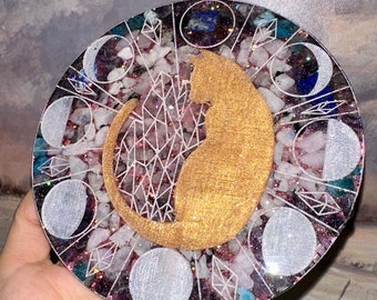 Moon Kitty, Crystal Chakra Cat Orgone CHARGING PLATE, Reiki Meditation Device, Emf 5G Protection, Psychic Healing,528Hz,Coaster,Altar Piece