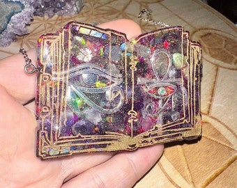 Magical Alchemist Egypt Book Orgone Necklace, Amethyst & Labradorite Crystals, Shungite, EMF 5G Protection, 528 Hz, Reiki Infused,