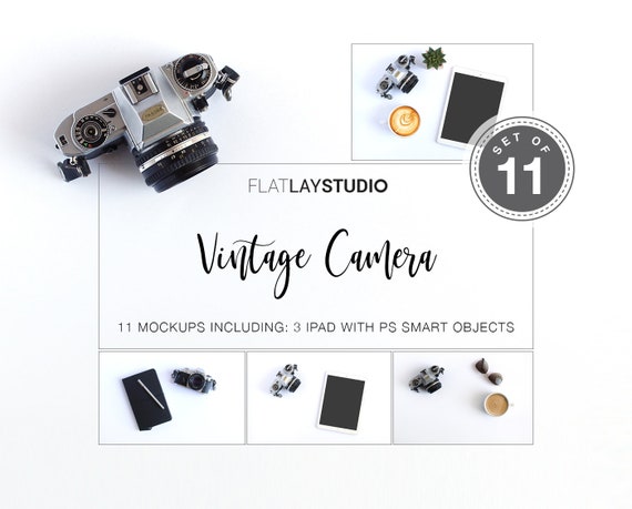 Vintage Camera Mockup Flat Lay Minimalist Styled Stock