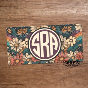 Retro Flowers and Rainbows Monogram License Plate - Car Tag - Custom Gift - New Driver Gift - Pretty Car Tag - Vanity Plate for Front of Car