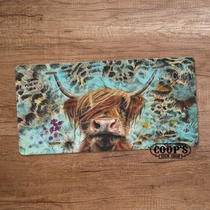 Messy Highland Cow License Plate - Cute - Leopard Print - License Plate - Car Accessories - Vanity Plate for Front of Car - Colorful Car Tag
