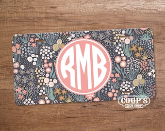 Florals on Dark Gray Monogram License Plate - Pretty Personalized Car Tag - Vanity Plate - Car Accessories