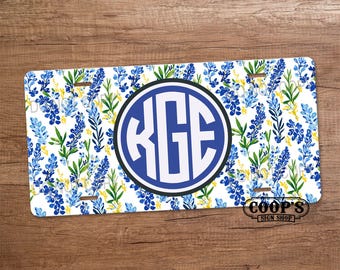 Bluebonnet Bliss Monogram License Plate - Personalized Car Tag - Texas Colorful Car Accessories -  Pretty Vehicle Vanity
