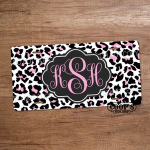 Cheetah Spots License Plate - White Black and Pink Car Tag - License Plate - Car Accessories - Vanity Plate for Front of Car - Monogram Gift