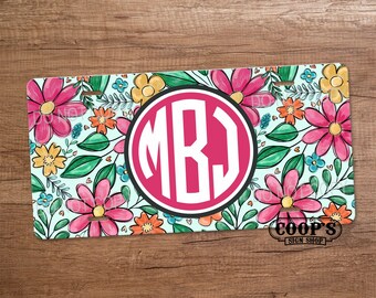 Bright Color Floral Monogram License Plate - Car Accessories