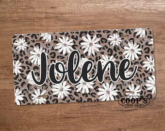 Leopard Spots with White Flowers Name License Plate - Leopard Print Car Tag - License Plate - Vehicle Accessories - Vanity Plate  - Gift