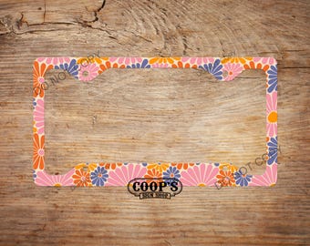 Retro Hippie Flowers License Plate Frame - Car Accessories - Car Plate Frame - Auto Tag Frame