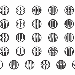 May include: A set of 26 black and white monogrammed circles, each featuring a different letter of the alphabet, from A to Z. The letters are in a bold, sans-serif font.