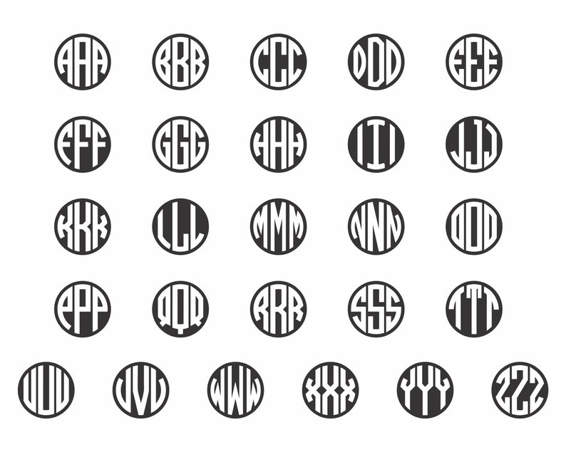 May include: A set of 26 black and white monogrammed circles, each featuring a different letter of the alphabet, from A to Z. The letters are in a bold, sans-serif font.