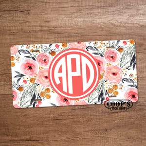 Peachy Pink Blooms Monogram License Plate – Personalized Aluminum Car Tag