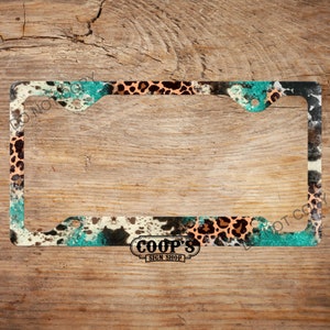 Turquoise Cow with Leopard License Plate Frame - Car Accessories - License Plate Cover