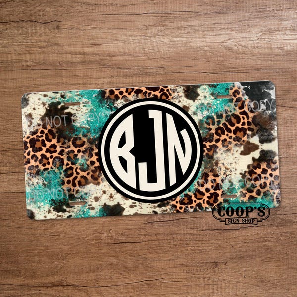 Turquoise Cow with Leopard Monogram License Plate - Personalized Car Tag - Car Decor