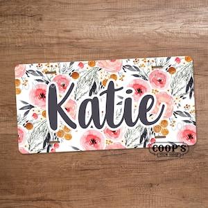 Pink Flower Personalized License Plate - Car Tag with Name - Custom Gift - Pretty Car Tag -  Personalized Vanity Plate for Front of Car