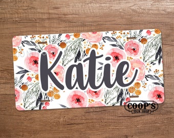 Pink Flower Personalized License Plate - Car Tag with Name - Custom Gift - Pretty Car Tag -  Personalized Vanity Plate for Front of Car