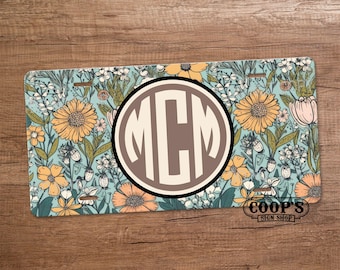 Vintage Wildflowers Monogram License Plate - Personalized Car Tag - Monogram License Plate - Car Accessories - Custom Gift - Pretty Car Tag