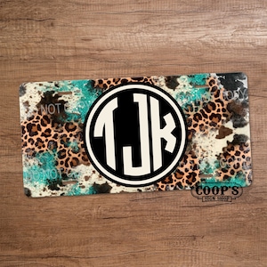 Turquoise Cow with Leopard Monogram License Plate - Personalized Car Tag - Monogram License Plate - Car Accessories - Custom Pretty Car Tag