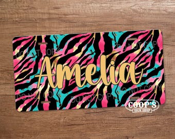 Pink Zebra Pop Personalized License Plate - Pink & Turquoise Car Accessory