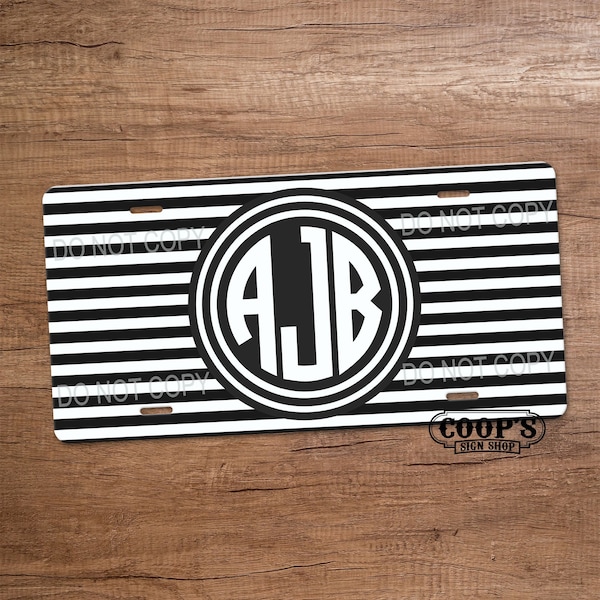 Black and White Stripes with Monogram License Plate - Personalized Car Tag - Monogram License Plate - Car Accessories -  Pretty Car Tag