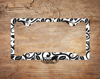 Black and White Floral Frame - Vehicle Accessories - Car Decor - Auto Tag Frame