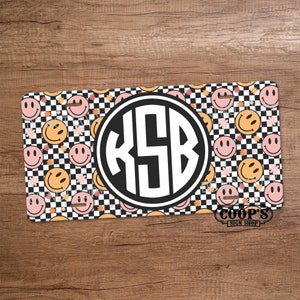 Checkered Smilies Monogram License Plate - Personalized Car Tag - Retro License Plate - Car Accessories - Custom Gift - Smiley Face Plate