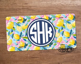 Sweet Lemon Bows Monogram License Plate - Personalized Car Tag - Colorful Car Accessories -  Pretty Car Tag - Vanity Plate