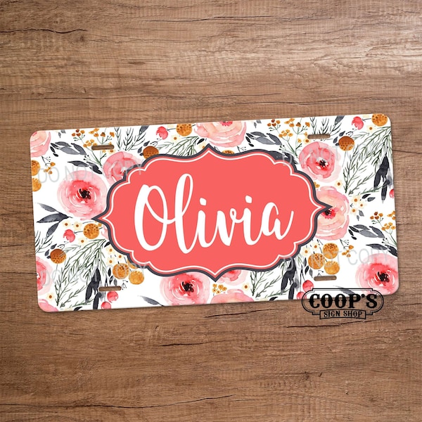 Pink Flower Personalized License Plate - Car Tag with Name - Custom Gift - Pretty Car Tag -  Personalized Vanity Plate for Front of Car