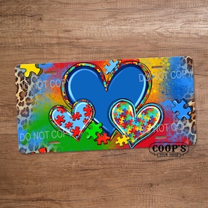 Colorful Autism Hearts with Leopard - License Plate - Car Accessories - Vanity Plate for Front of Car - Autism Awareness - Puzzle Pieces