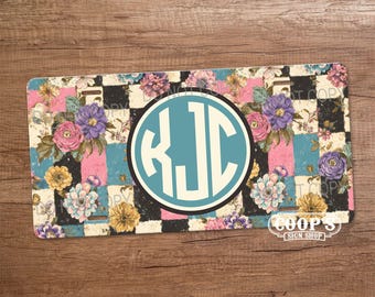 Vintage Floral Check Monogram License Plate - Personalized Vanity Plate - Car Accessory
