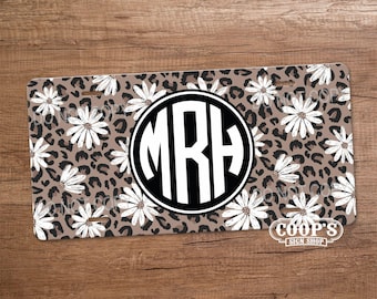 Leopard Spots with White Flowers License Plate - Leopard Print Car Tag - License Plate - Vehicle Accessories - Vanity Plate  - Monogram Gift