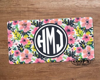 Brushstroke Blossoms Monogram License Plate - Personalized Car Tag - Vanity Plate - Pretty Vehicle Accessories