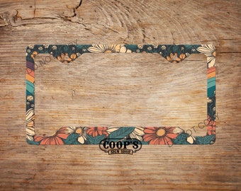 Retro Flowers and Rainbows License Plate Frame - Car Accessories - Car Decor - Auto Tag Frame