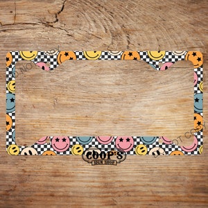Colorful Checkered Smiley Faces License Plate Frame - Car Accessory- Plate Cover - Auto Decor