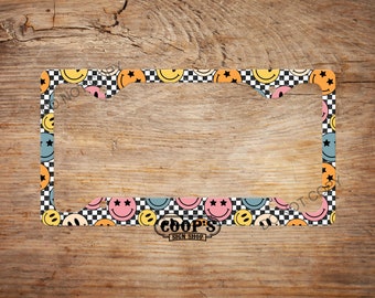 Colorful Checkered Smiley Faces License Plate Frame - Car Accessory- Plate Cover - Auto Decor