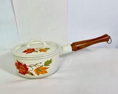 MCM Vintage Descoware Autumn Maple Leaf Sauce Pan W Lid, Wood Handle Enameled Cast Iron Belgium 80-C-18-K