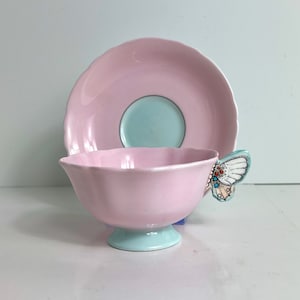 RARE — Paragon Pink Teacup and Saucer, Butterfly Handle, Double Warrant