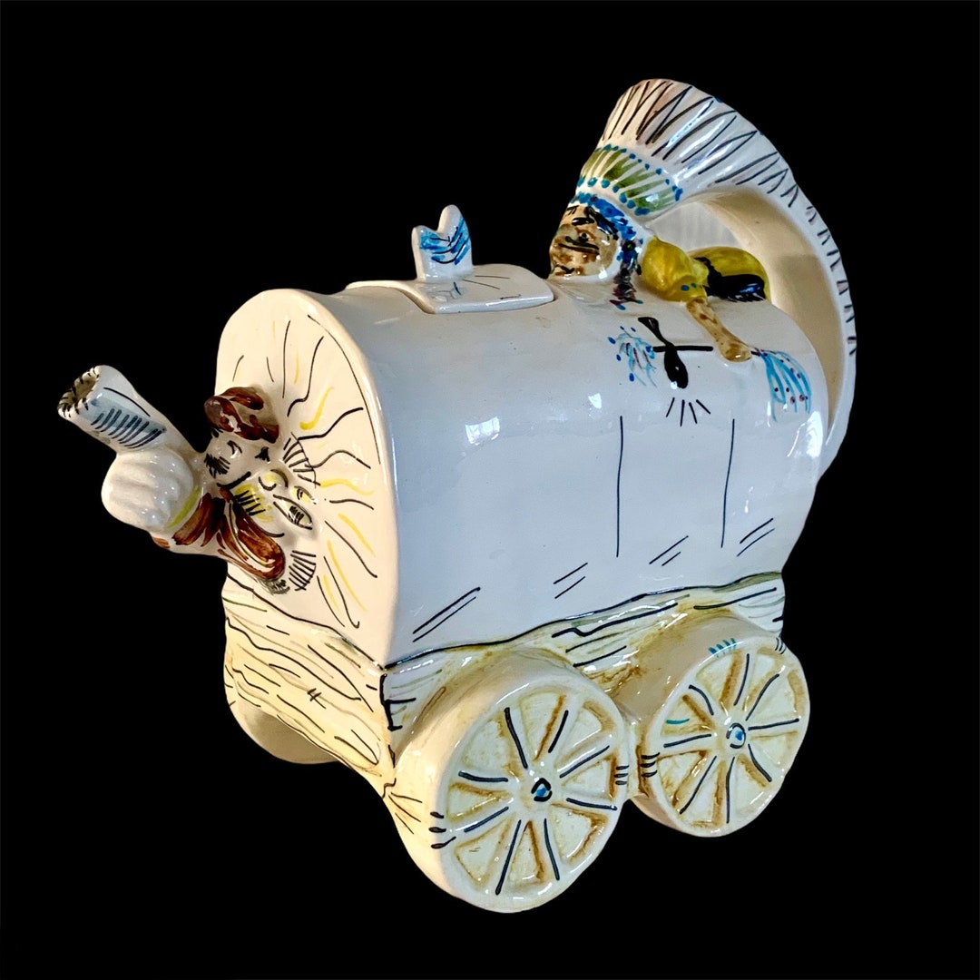 Vintage Teapot, Covered Wagon, Western Theme, Cowboys & Indians, Dude