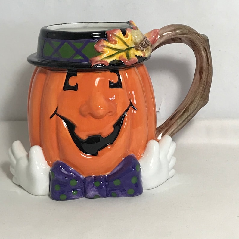 Fitz and Floyd Halloween Derby Pumpkin Cup Mug Fall Decor NIOB