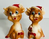 Vintage Christmas Red Nose Reindeer Salt Pepper Shakers, Kreiss, Japan
