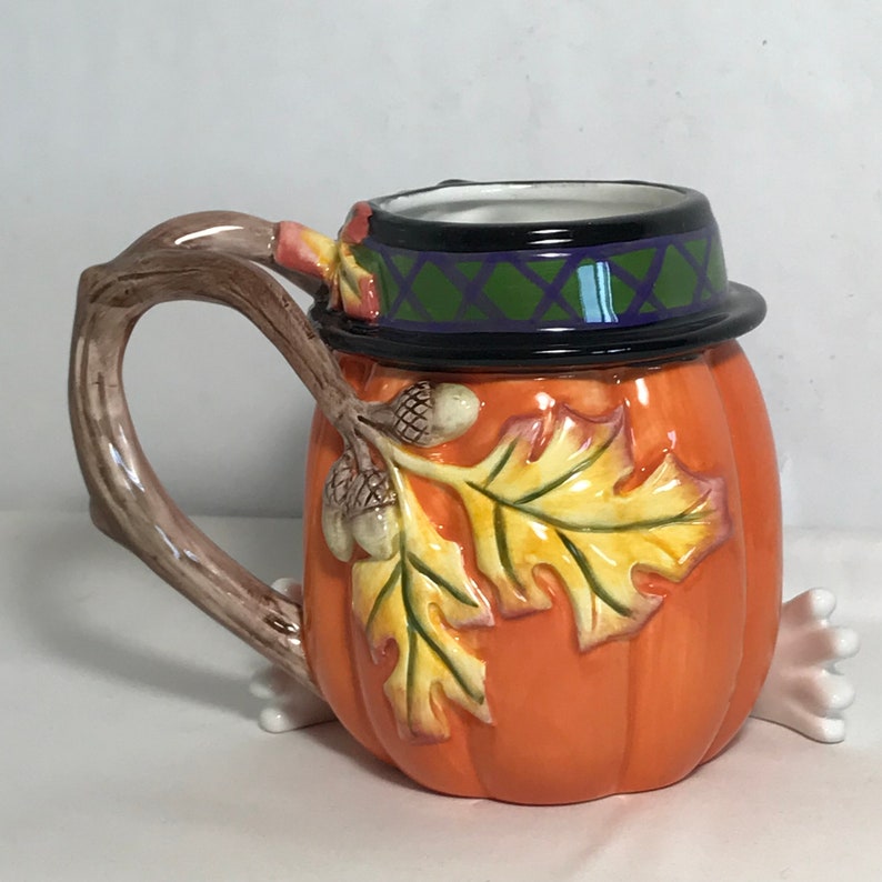 Fitz and Floyd Halloween Derby Pumpkin Cup Mug Fall Decor NIOB