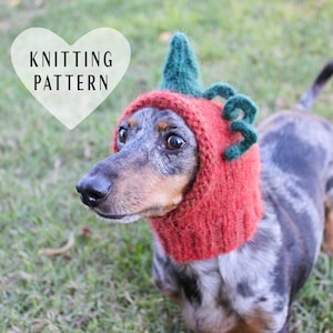 May include: A dachshund wearing a knitted pumpkin hat with a green stem and leaves. The hat is red and the dog is looking to the right. The text "Knitting Pattern" is in a white heart shape above the dog.