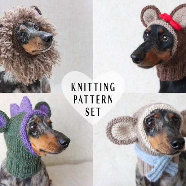 KNITTING PATTERN BUNDLE, Dog Costume Set, Dog Hats, Dog Clothes, Lion Dog Costume, Monkey Dog Costume, Dinosaur Dog Costume, Bear Dog Hat