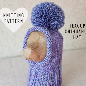 May include: A purple knitted hat with a pom pom on top. The hat is designed for a small dog and has the text "Teacup Chihuahua Hat" on the side.