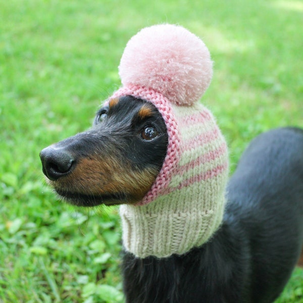 Dog Hat With Pink Stripes and Pom-Pom in all Natural Eco Friendly Wool