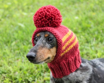 Dog Hat in Red and Gold Natural Wool Yarn