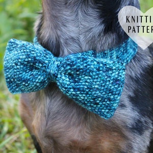 Puede incluir: Una pajarita azul tejida con aspecto texturizado, usada alrededor del cuello. La pajarita es una vibrante mezcla de tonos azules. La imagen incluye el texto "KNITTING PATTERN" en forma de corazón blanco. El fondo es hierba verde borrosa.
