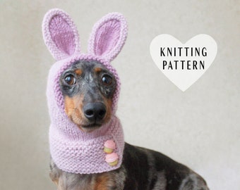 KNITTING PATTERN, Dog Hat, Mini Dachshund, Bunny Hood, Pet Costume, Pet Clothes, Animal Hood, Bunny Rabbit Ears, Pink, Doxie, Wiener Dog